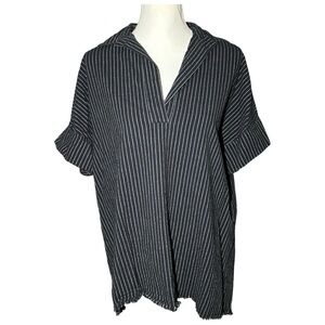 Umgee Women's Small Striped Oversized Tunic‎ Distressed Short Sleeve Collared